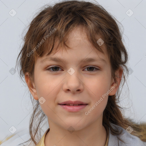 Joyful white child female with medium  brown hair and brown eyes