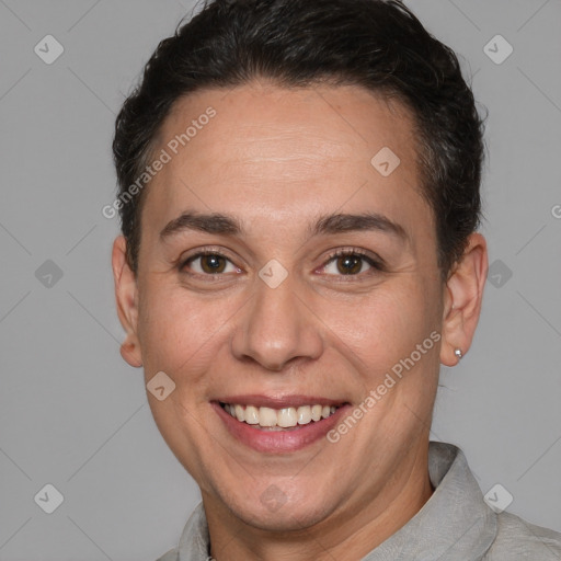 Joyful white adult female with short  brown hair and brown eyes