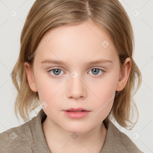 Neutral white child female with medium  brown hair and blue eyes