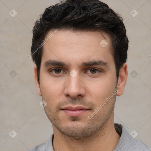 Neutral white young-adult male with short  black hair and brown eyes