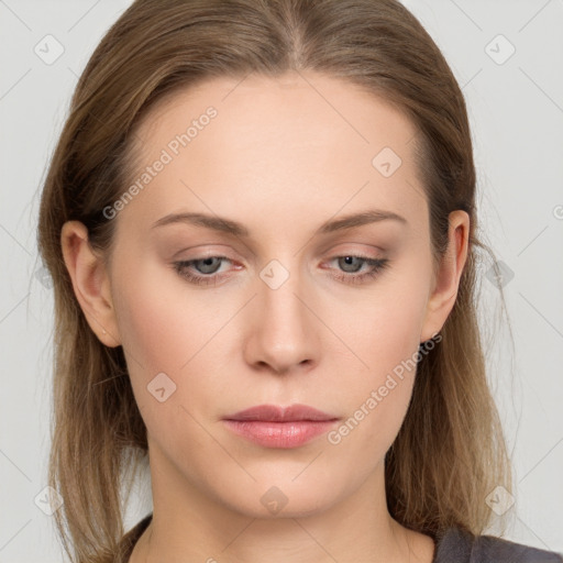 Neutral white young-adult female with long  brown hair and grey eyes