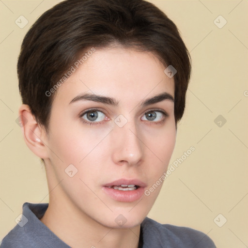 Neutral white young-adult female with short  brown hair and brown eyes