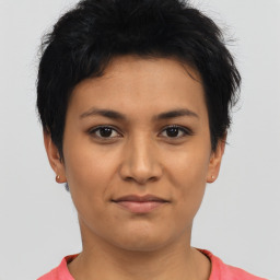 Joyful asian young-adult female with short  black hair and brown eyes