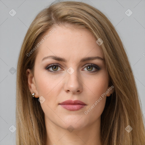 Neutral white young-adult female with long  brown hair and brown eyes