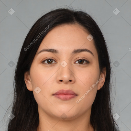 Neutral asian young-adult female with long  brown hair and brown eyes