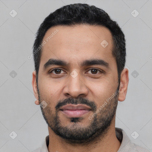Neutral latino young-adult male with short  black hair and brown eyes