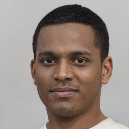 Neutral black young-adult male with short  brown hair and brown eyes