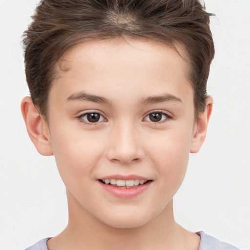 Joyful white child female with short  brown hair and brown eyes