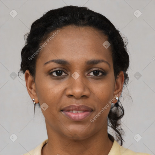 Joyful latino young-adult female with short  black hair and brown eyes