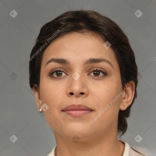 Neutral white young-adult female with medium  brown hair and brown eyes