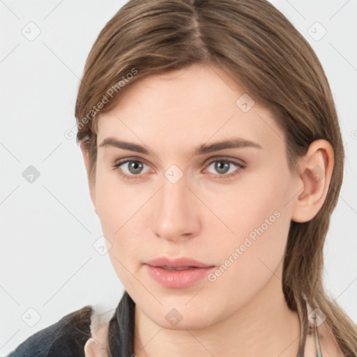 Neutral white young-adult female with medium  brown hair and grey eyes