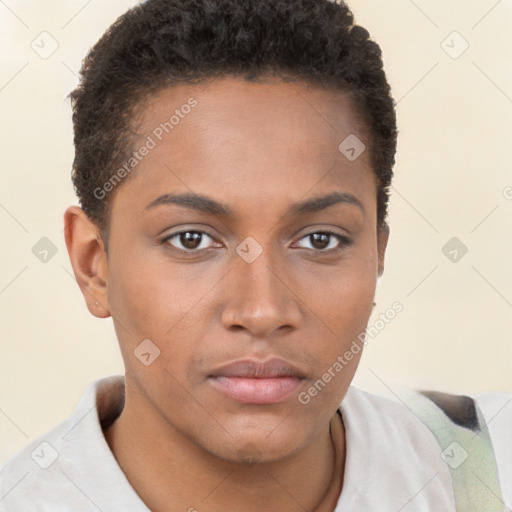 Neutral black young-adult female with short  brown hair and brown eyes