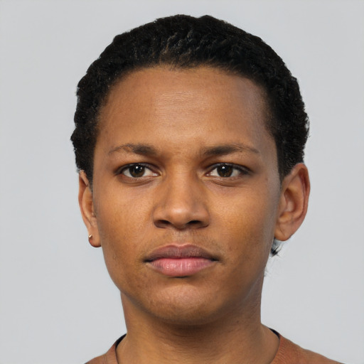 Neutral black young-adult female with short  black hair and brown eyes