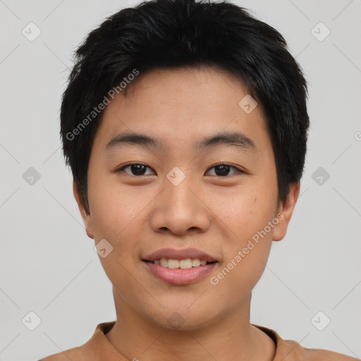 Joyful asian young-adult male with short  black hair and brown eyes