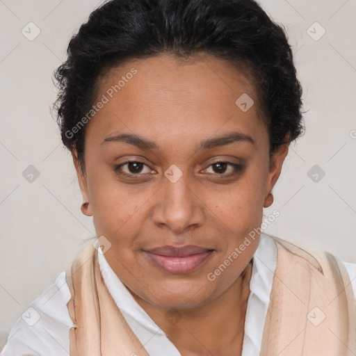 Joyful latino young-adult female with short  brown hair and brown eyes