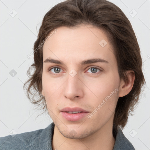 Neutral white young-adult female with medium  brown hair and grey eyes