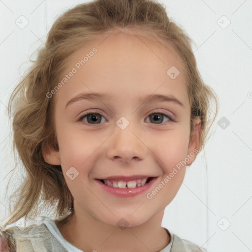 Joyful white child female with medium  brown hair and blue eyes