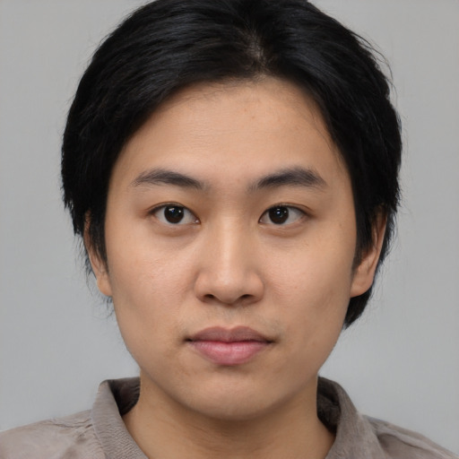 Neutral asian young-adult male with medium  black hair and brown eyes