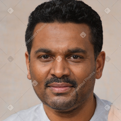 Joyful latino adult male with short  black hair and brown eyes