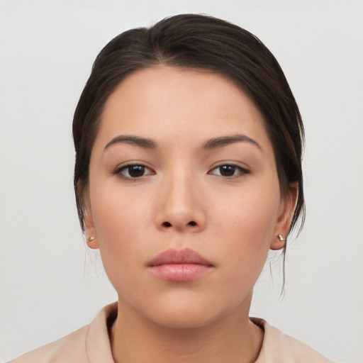 Neutral asian young-adult female with medium  brown hair and brown eyes