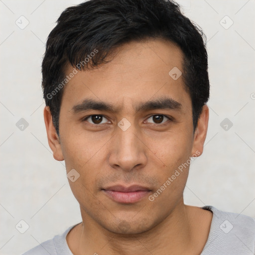 Neutral asian young-adult male with short  black hair and brown eyes