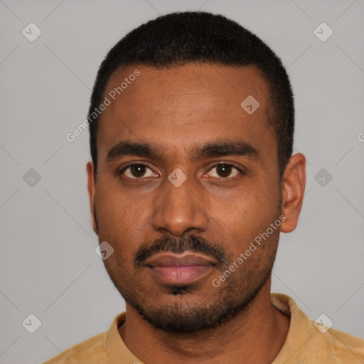 Neutral black young-adult male with short  black hair and brown eyes