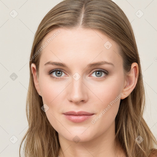 Neutral white young-adult female with long  brown hair and grey eyes