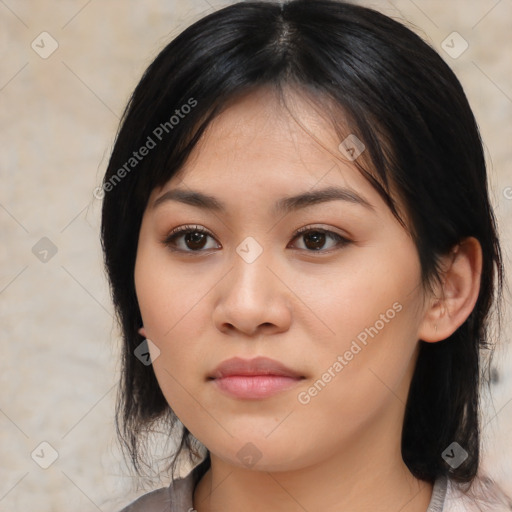 Neutral asian young-adult female with medium  brown hair and brown eyes