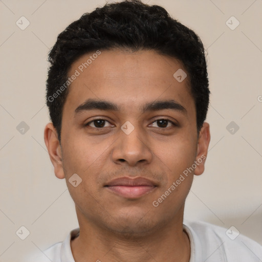 Neutral latino young-adult male with short  black hair and brown eyes