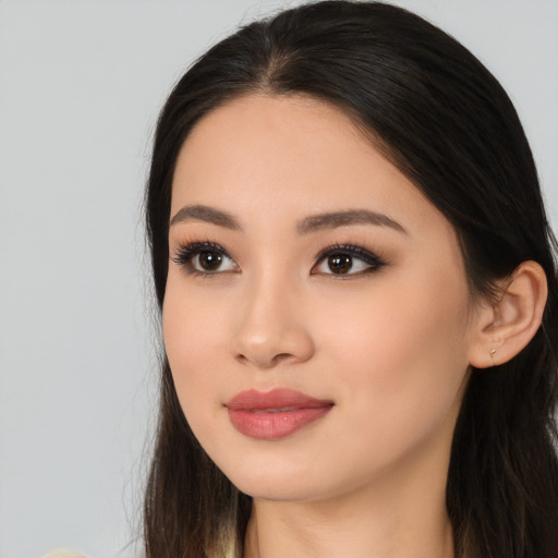 Neutral asian young-adult female with long  black hair and brown eyes