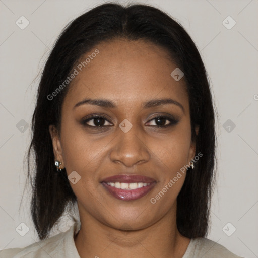 Joyful black young-adult female with medium  brown hair and brown eyes