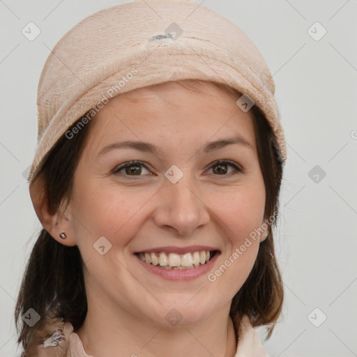 Joyful white young-adult female with medium  brown hair and brown eyes