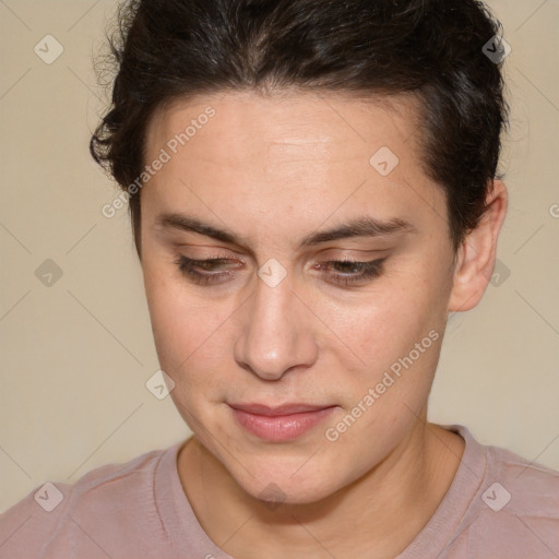 Joyful white adult female with short  brown hair and brown eyes