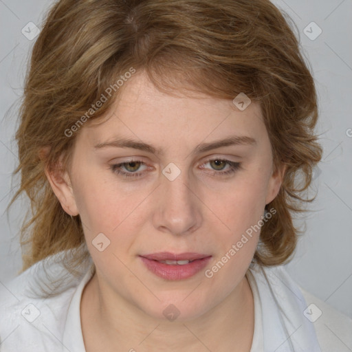 Joyful white young-adult female with medium  brown hair and blue eyes