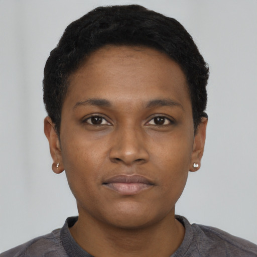 Neutral black young-adult female with short  black hair and brown eyes