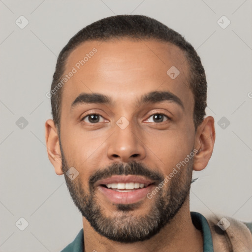 Joyful white young-adult male with short  black hair and brown eyes