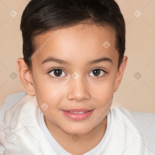 Joyful white child female with short  brown hair and brown eyes