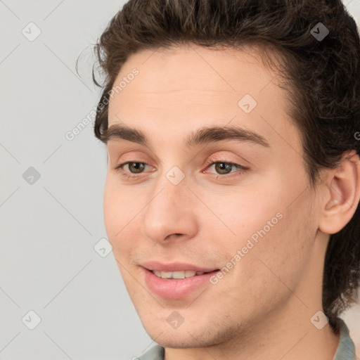 Joyful white young-adult male with medium  brown hair and brown eyes