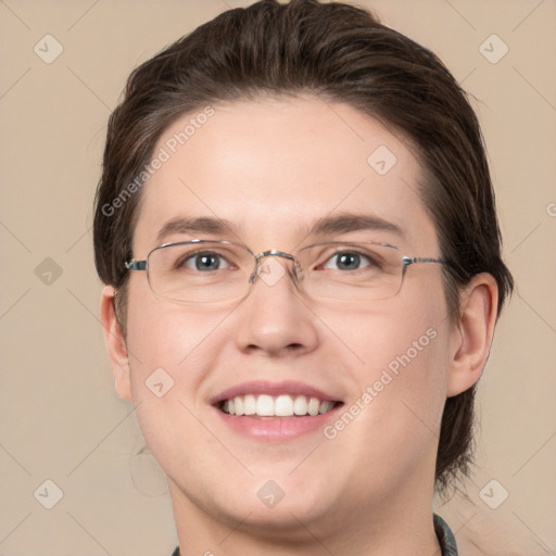 Joyful white young-adult female with medium  brown hair and grey eyes