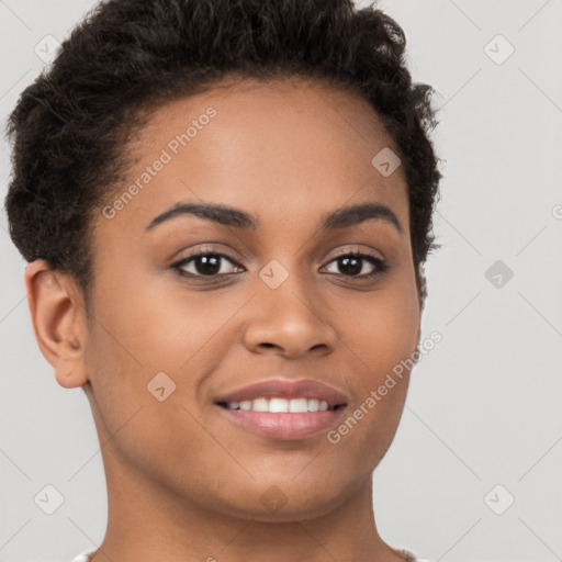 Joyful latino young-adult female with short  brown hair and brown eyes