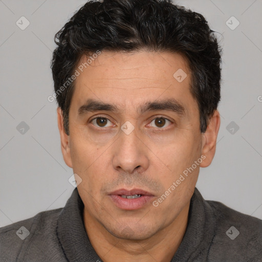 Neutral white adult male with short  black hair and brown eyes