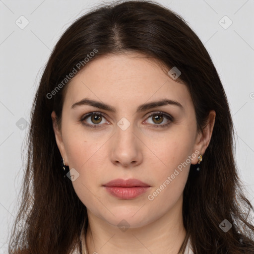 Neutral white young-adult female with long  brown hair and brown eyes