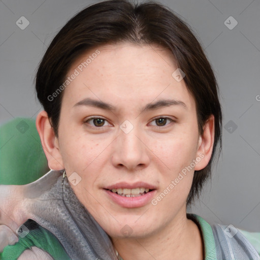 Joyful white young-adult female with medium  brown hair and brown eyes