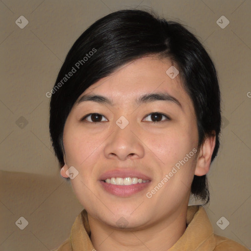 Joyful asian young-adult female with medium  black hair and brown eyes