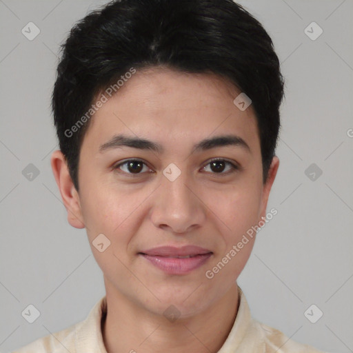 Joyful latino young-adult female with short  brown hair and brown eyes