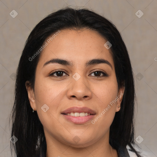 Joyful latino young-adult female with medium  brown hair and brown eyes