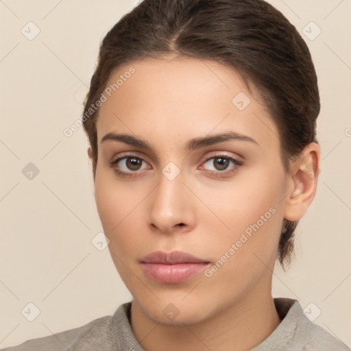 Neutral white young-adult female with short  brown hair and brown eyes