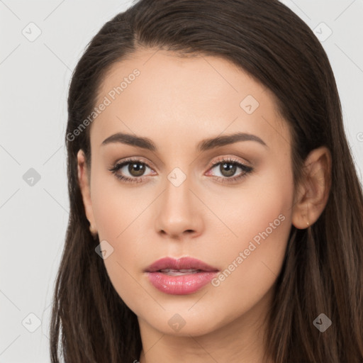 Neutral white young-adult female with long  brown hair and brown eyes