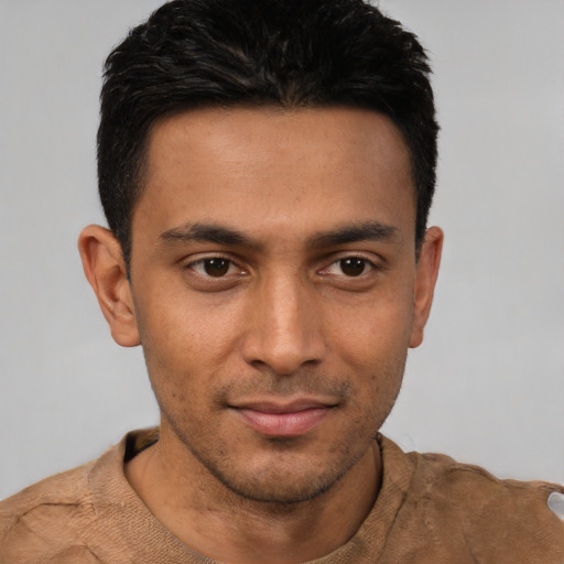 Neutral latino young-adult male with short  black hair and brown eyes