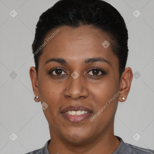 Joyful black young-adult female with short  black hair and brown eyes